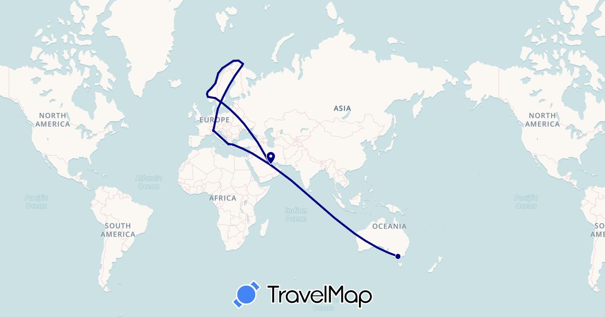 TravelMap itinerary: driving in Australia, Denmark, Greece, Italy, Norway, Qatar (Asia, Europe, Oceania)